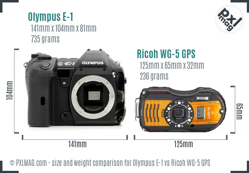 Olympus E-1 vs Ricoh WG-5 GPS size comparison Olympus E-1 vs Ricoh WG-5 GPS size comparison