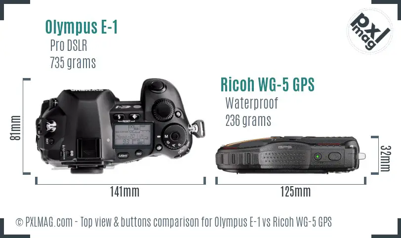 Olympus E-1 vs Ricoh WG-5 GPS top view buttons comparison Olympus E-1 vs Ricoh WG-5 GPS top view buttons comparison
