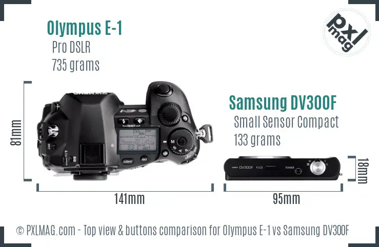 Olympus E-1 vs Samsung DV300F top view buttons comparison