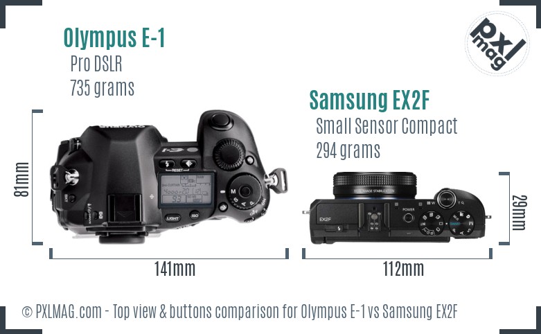 Olympus E-1 vs Samsung EX2F top view buttons comparison