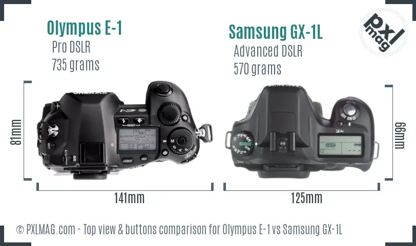 Olympus E-1 vs Samsung GX-1L top view buttons comparison Olympus E-1 vs Samsung GX-1L top view buttons comparison