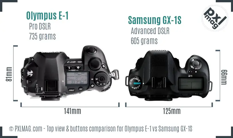 Olympus E-1 vs Samsung GX-1S top view buttons comparison Olympus E-1 vs Samsung GX-1S top view buttons comparison