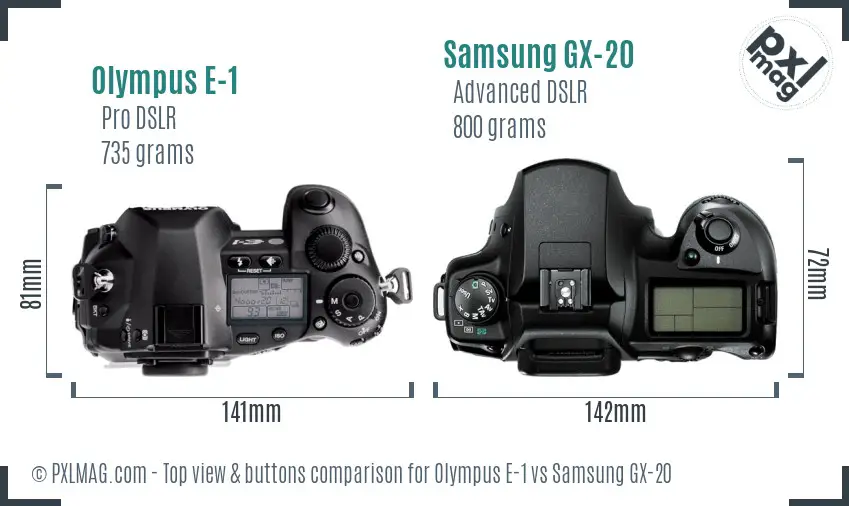Olympus E-1 vs Samsung GX-20 top view buttons comparison Olympus E-1 vs Samsung GX-20 top view buttons comparison