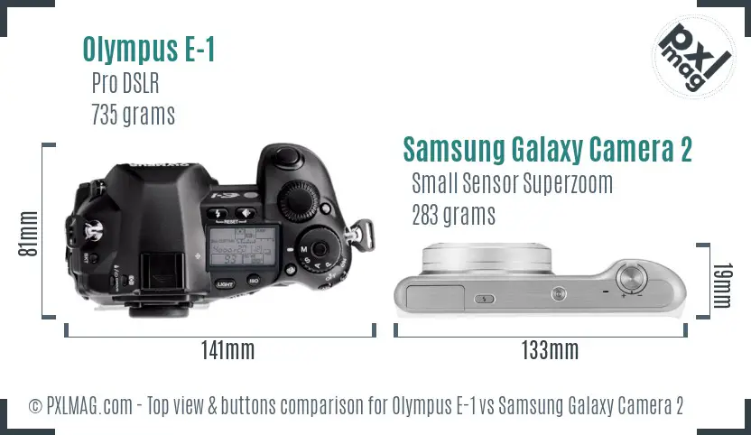 Olympus E-1 vs Samsung Galaxy Camera 2 top view buttons comparison