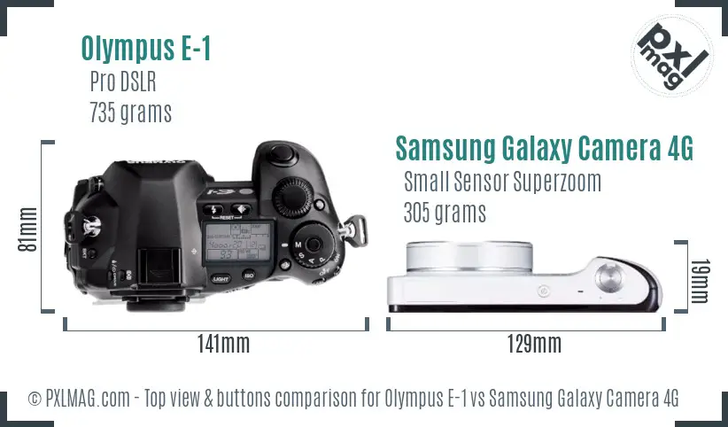 Olympus E-1 vs Samsung Galaxy Camera 4G top view buttons comparison