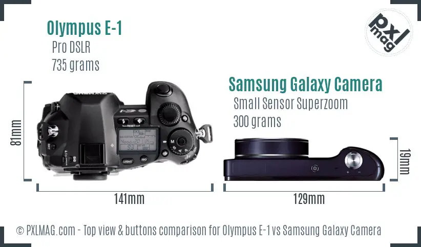 Olympus E-1 vs Samsung Galaxy Camera top view buttons comparison