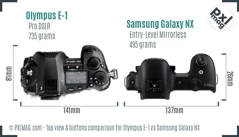 Olympus E-1 vs Samsung Galaxy NX top view buttons comparison