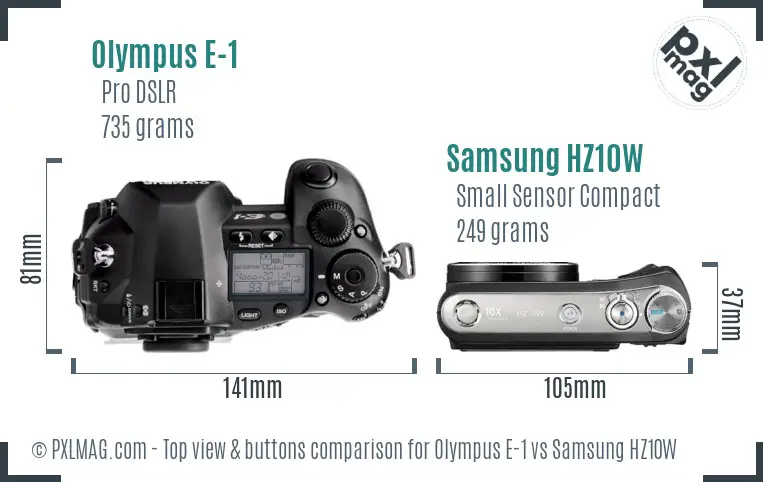 Olympus E-1 vs Samsung HZ10W top view buttons comparison