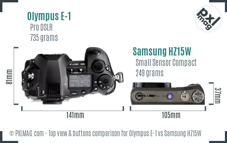 Olympus E-1 vs Samsung HZ15W top view buttons comparison Olympus E-1 vs Samsung HZ15W top view buttons comparison