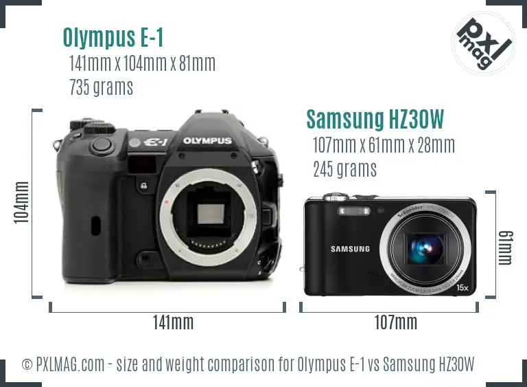 Olympus E-1 vs Samsung HZ30W size comparison