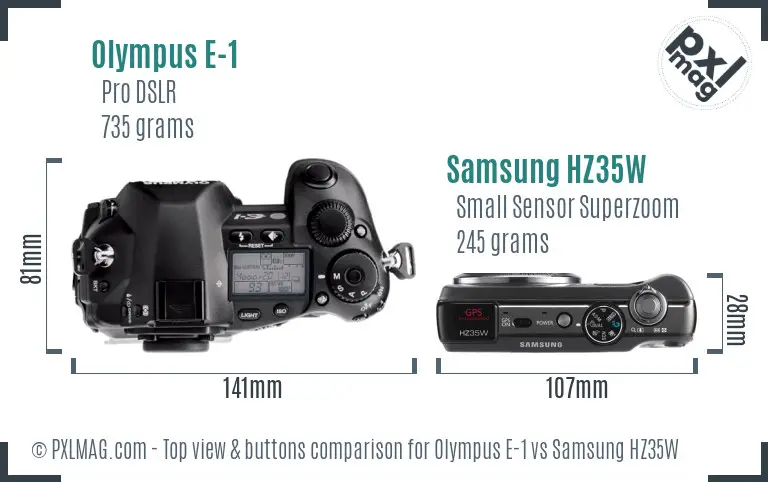 Olympus E-1 vs Samsung HZ35W top view buttons comparison