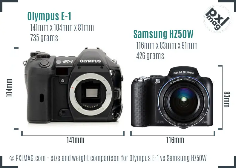 Olympus E-1 vs Samsung HZ50W size comparison Olympus E-1 vs Samsung HZ50W size comparison