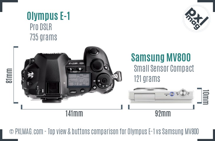 Olympus E-1 vs Samsung MV800 top view buttons comparison