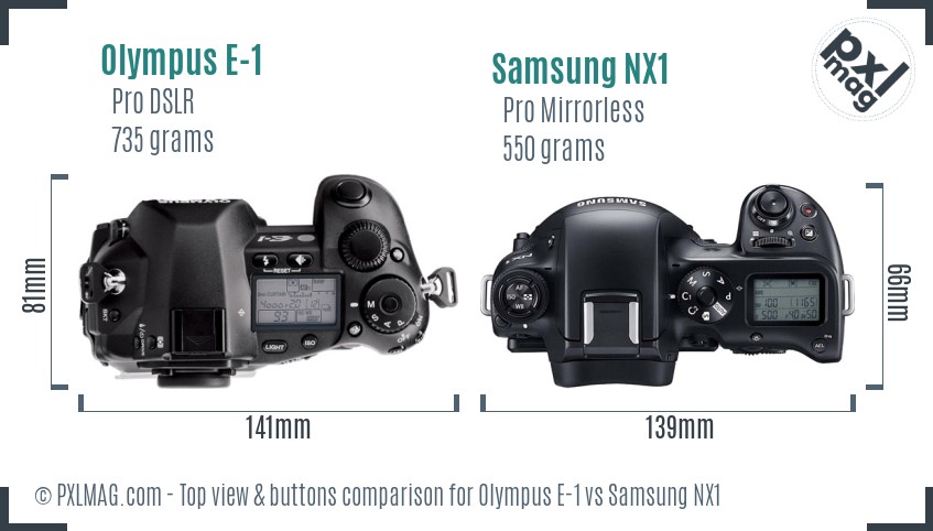Olympus E-1 vs Samsung NX1 top view buttons comparison