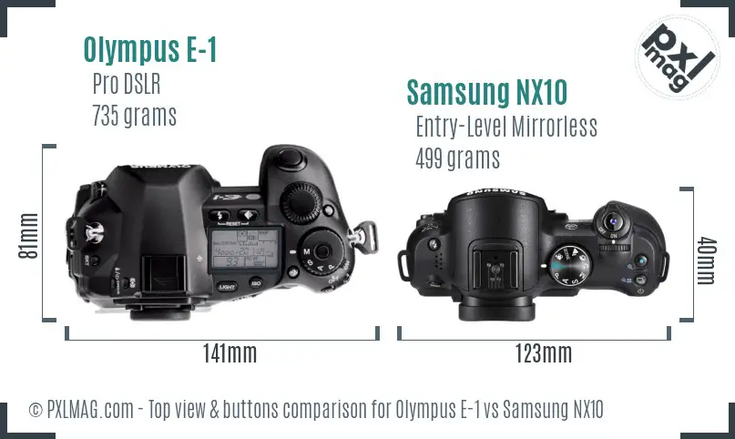 Olympus E-1 vs Samsung NX10 top view buttons comparison