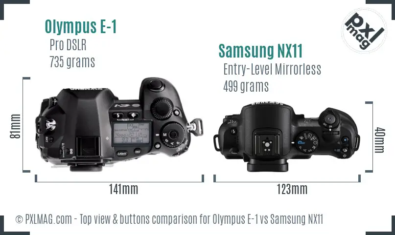 Olympus E-1 vs Samsung NX11 top view buttons comparison