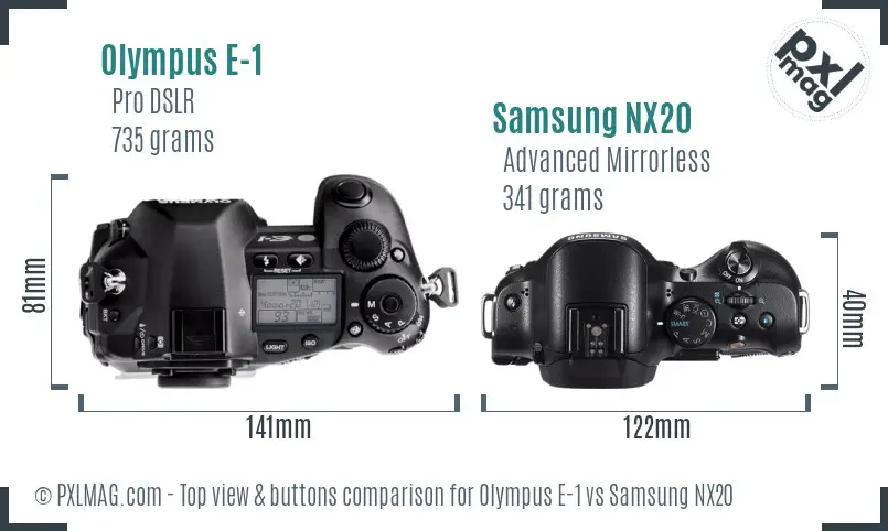 Olympus E-1 vs Samsung NX20 top view buttons comparison