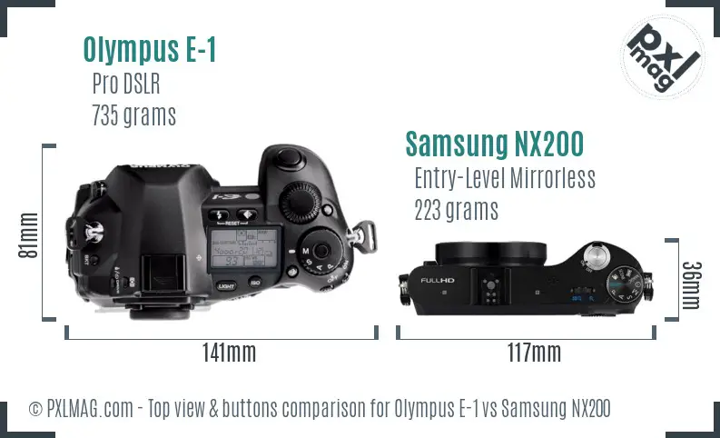 Olympus E-1 vs Samsung NX200 top view buttons comparison