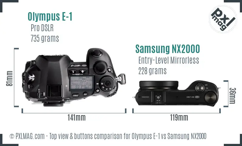 Olympus E-1 vs Samsung NX2000 top view buttons comparison Olympus E-1 vs Samsung NX2000 top view buttons comparison