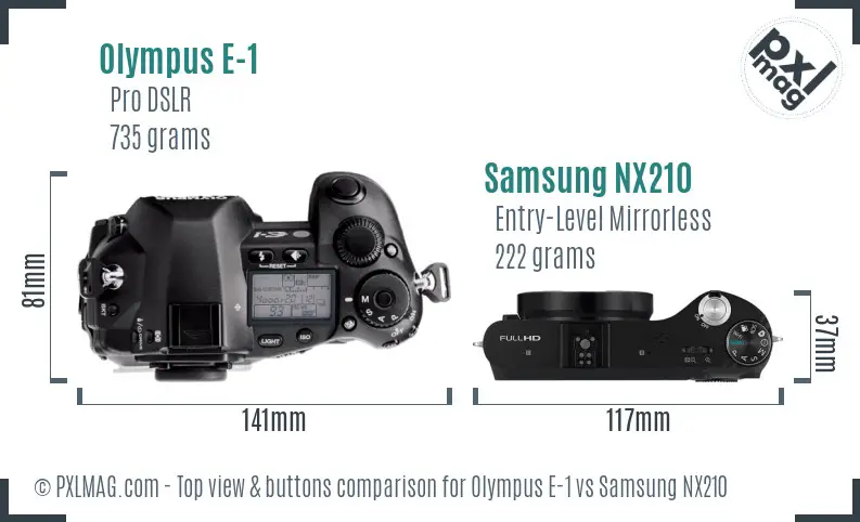Olympus E-1 vs Samsung NX210 top view buttons comparison Olympus E-1 vs Samsung NX210 top view buttons comparison