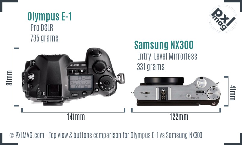 Olympus E-1 vs Samsung NX300 top view buttons comparison