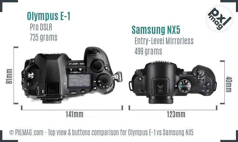 Olympus E-1 vs Samsung NX5 top view buttons comparison