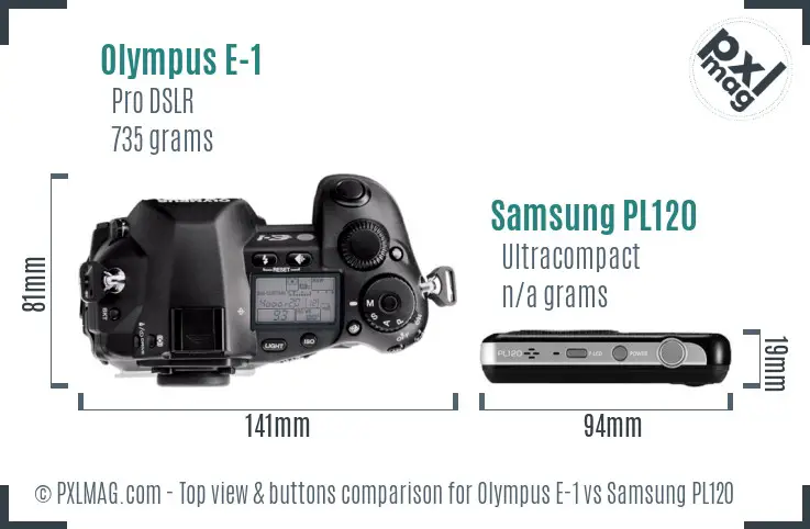 Olympus E-1 vs Samsung PL120 top view buttons comparison Olympus E-1 vs Samsung PL120 top view buttons comparison