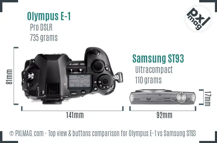 Olympus E-1 vs Samsung ST93 top view buttons comparison