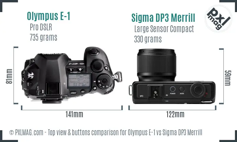 Olympus E-1 vs Sigma DP3 Merrill top view buttons comparison Olympus E-1 vs Sigma DP3 Merrill top view buttons comparison