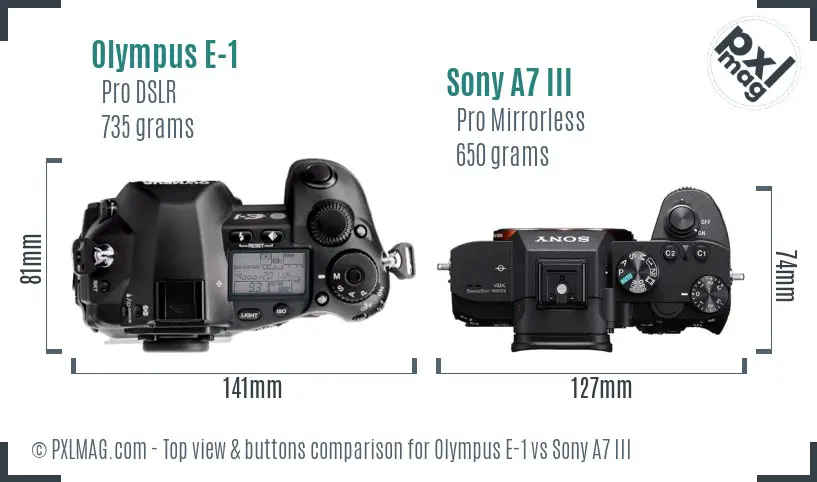 Olympus E-1 vs Sony A7 III top view buttons comparison
