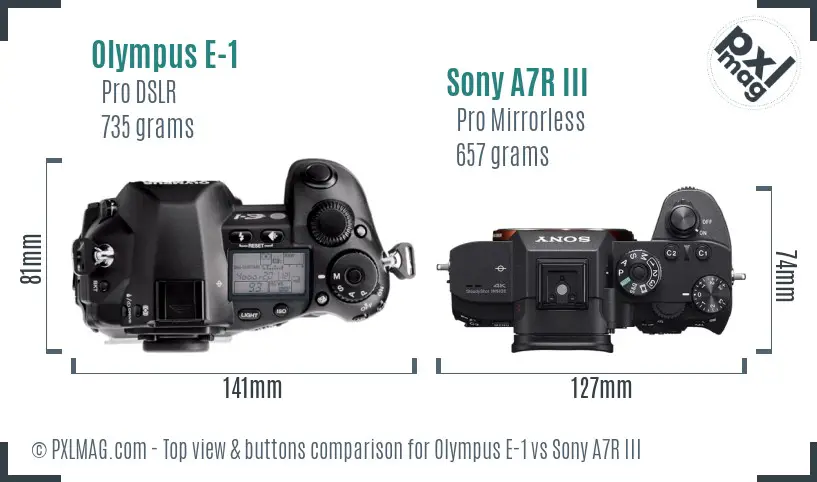 Olympus E-1 vs Sony A7R III top view buttons comparison