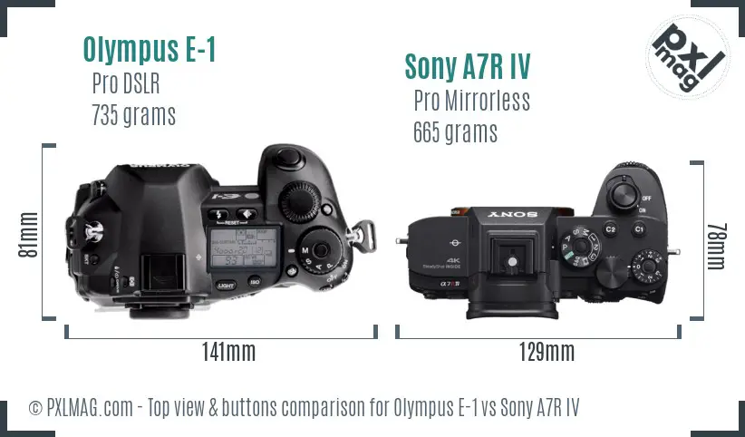 Olympus E-1 vs Sony A7R IV top view buttons comparison