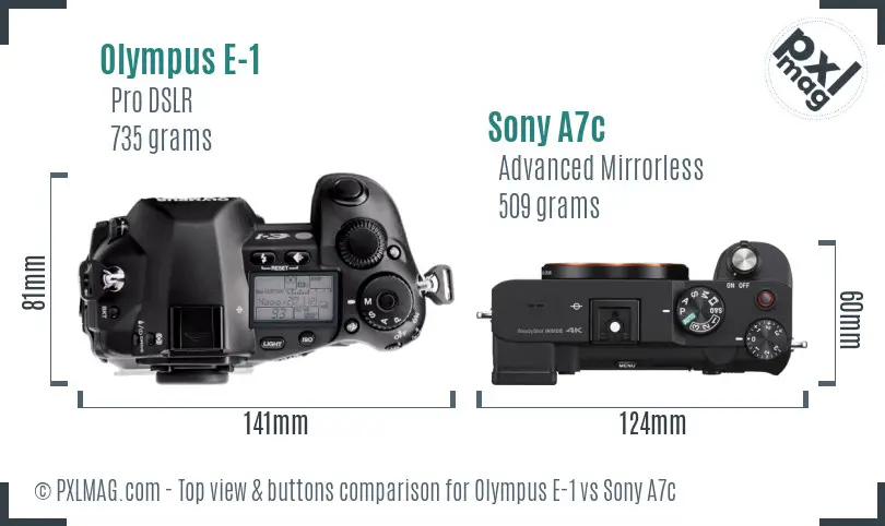 Olympus E-1 vs Sony A7c top view buttons comparison
