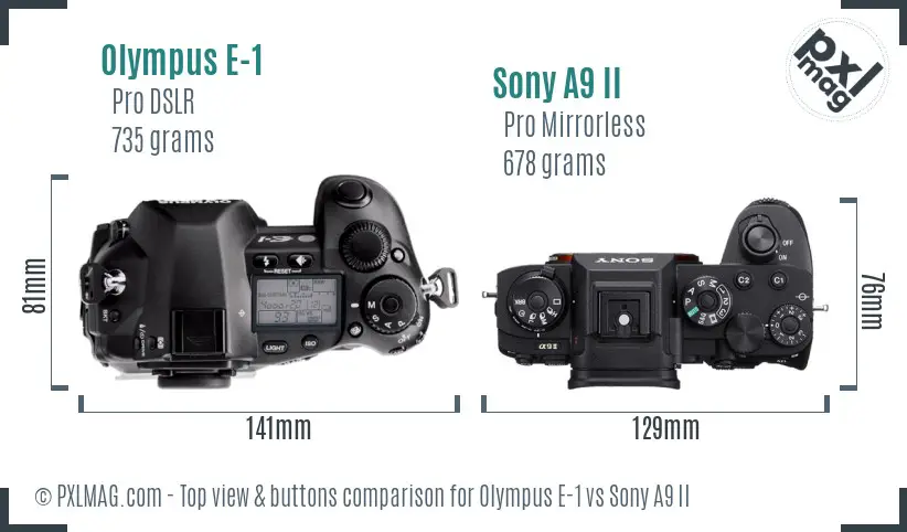 Olympus E-1 vs Sony A9 II top view buttons comparison