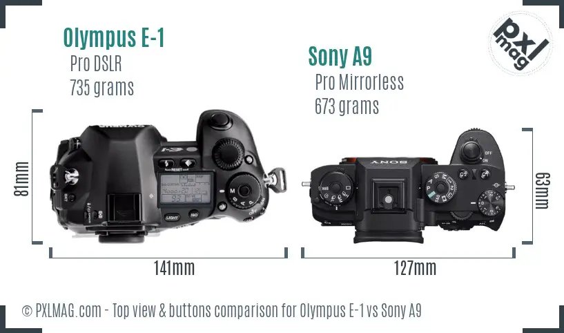 Olympus E-1 vs Sony A9 top view buttons comparison