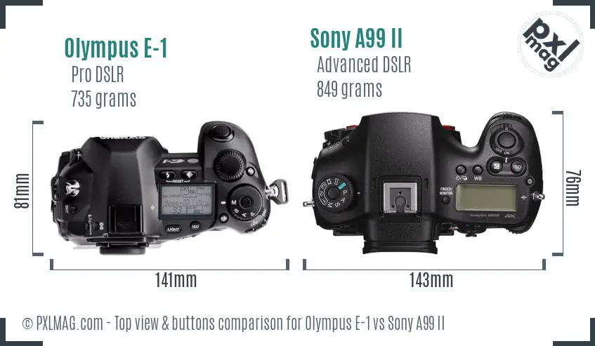 Olympus E-1 vs Sony A99 II top view buttons comparison