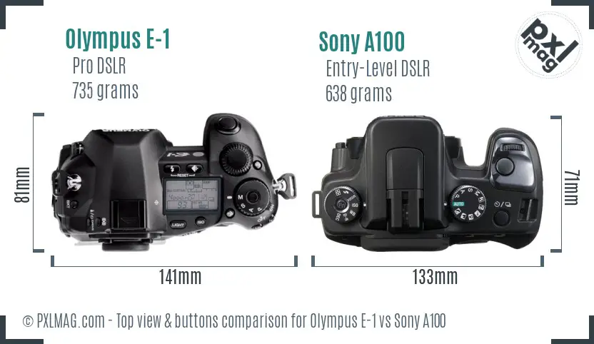 Olympus E-1 vs Sony A100 top view buttons comparison