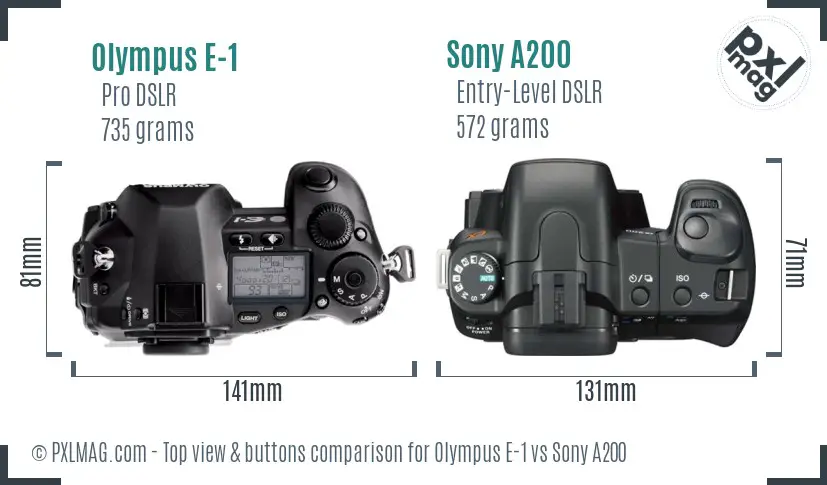Olympus E-1 vs Sony A200 top view buttons comparison