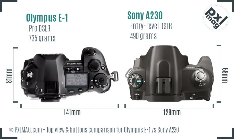 Olympus E-1 vs Sony A230 top view buttons comparison
