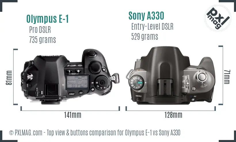 Olympus E-1 vs Sony A330 top view buttons comparison