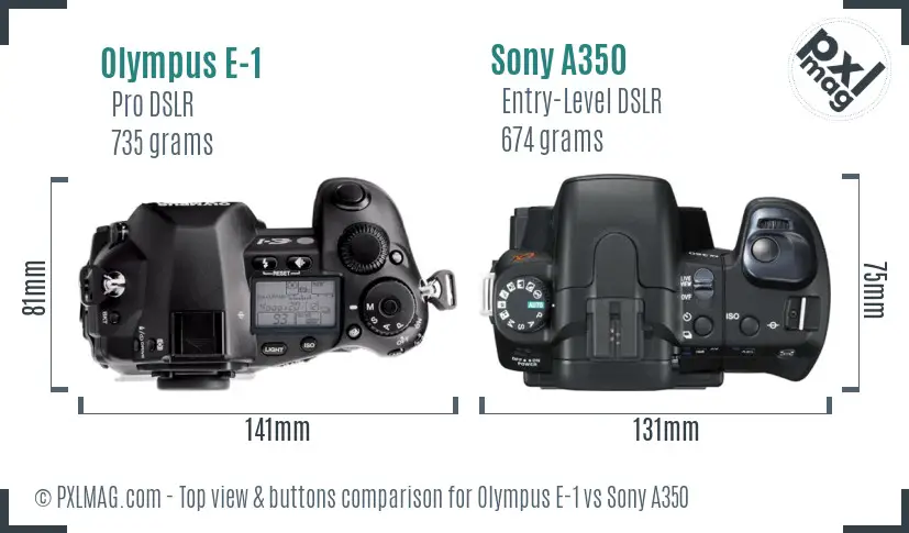 Olympus E-1 vs Sony A350 top view buttons comparison