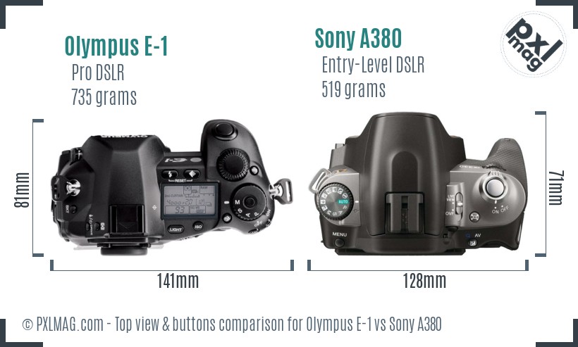 Olympus E-1 vs Sony A380 top view buttons comparison