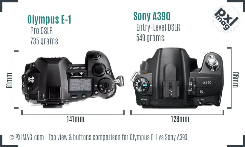 Olympus E-1 vs Sony A390 top view buttons comparison