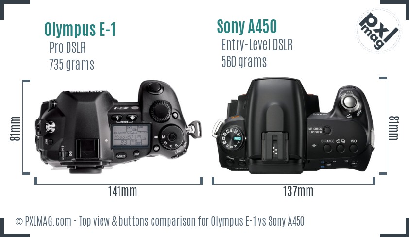 Olympus E-1 vs Sony A450 top view buttons comparison