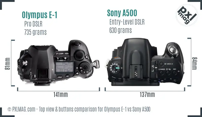 Olympus E-1 vs Sony A500 top view buttons comparison