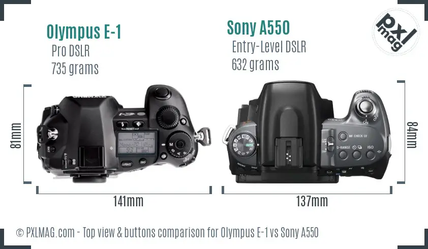 Olympus E-1 vs Sony A550 top view buttons comparison