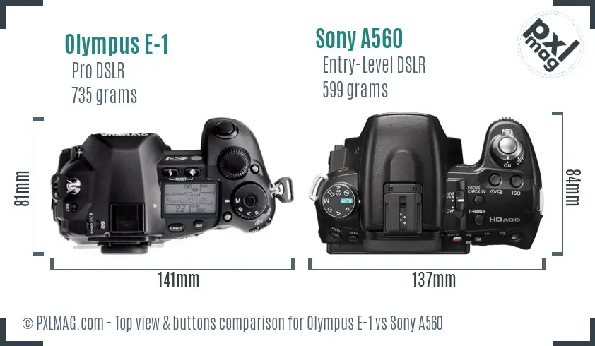 Olympus E-1 vs Sony A560 top view buttons comparison