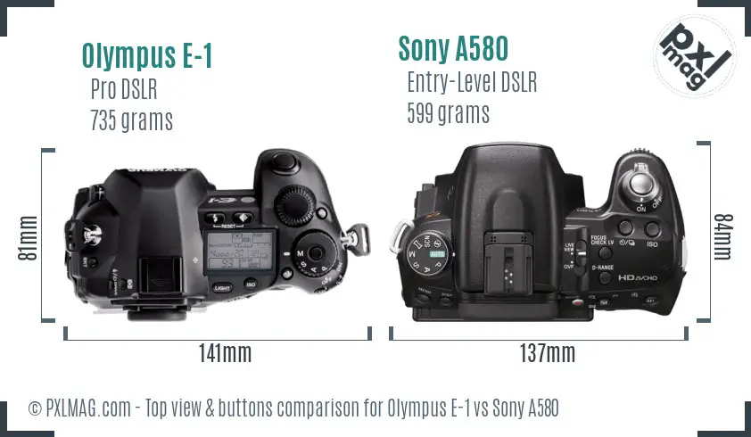 Olympus E-1 vs Sony A580 top view buttons comparison