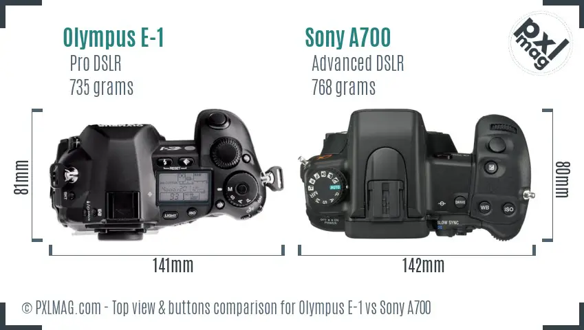 Olympus E-1 vs Sony A700 top view buttons comparison