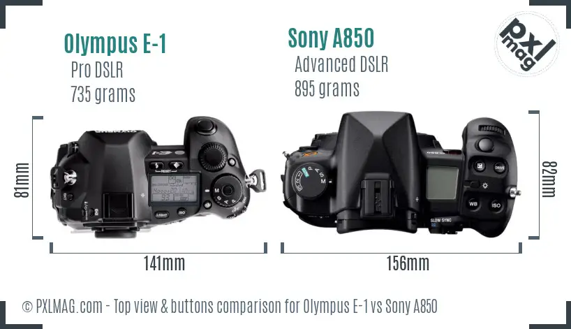 Olympus E-1 vs Sony A850 top view buttons comparison